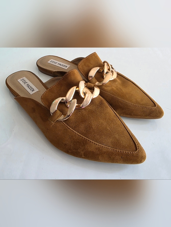 Steve Madden Tan Suede Chain-Trim Mules. - Picture 7 of 11